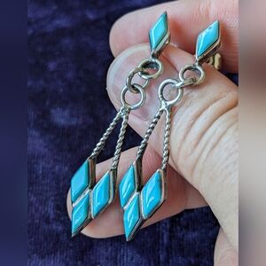 Vintage 925 Sterling Silver Drop Dangle Earrings With Blue Turquoise